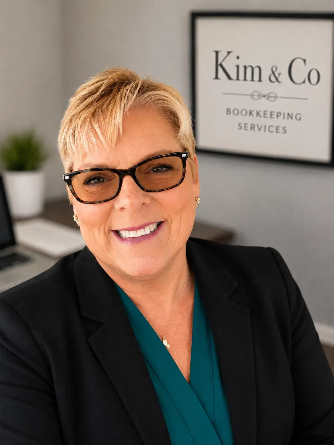 Kim, founder of Kim & Co Bookkeeping Services, smiling in a dark blazer and teal blouse